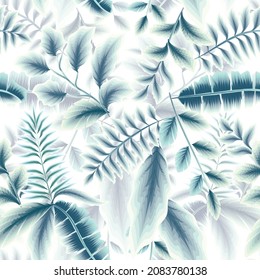 patrón de verano tropical sin fisuras de moda con hojas azul cielo plantas de estilo monocromático color. Diseño botánico de moda. Brillante verano tropical sin costuras. fondo de pantalla