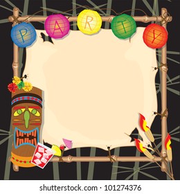 Tropical summer tiki or luau party with lanterns, tiki head, tiki torches and bamboo frame.