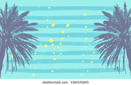 Tropical Summer time horizontal banner with a place for text. Hand drawn palm trees, grungy paint texture. Design element for t-shirt prints, beach party, touristic voucher, sale. Vector illustration