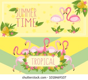 Tropical summer time horizontal banners, design element with palm leaves, flowers, pineapples and flamingos vector Illustrations