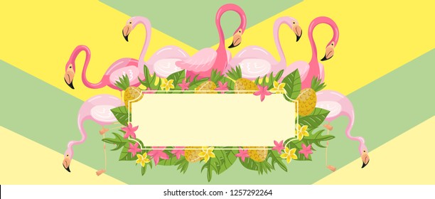 Tropical summer time horizontal banners, design element with palm leaves, flowers, pineapples and flamingos vector Illustrations
