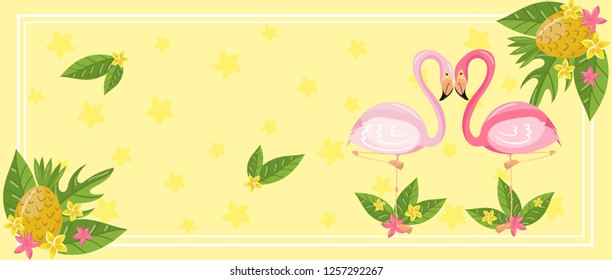 Tropical summer time horizontal banners, design element with palm leaves, flowers, pineapples and flamingos vector Illustrations