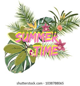 Tropical summer time text with exotic leaves and flowers isolated on white background. Illustration for design party invitations, greeting cards, postcards.