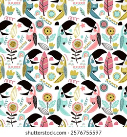 Tropical Summer Toucan Seamless Pattern 