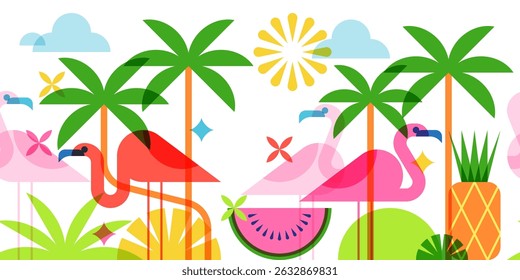 Tropical summer travel background. Seamless horizontal vector with flamingo, palm trees, pineapple and watermelon. Flat geometric design for vacation banner, poster or beach party invite
