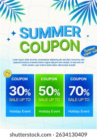 Tropical summer travel coupon with summer background, palm trees. Vacation gift voucher banner template for resort, hotel, vacation tour in flat vector