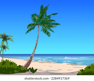 Tropical Summer Travel Poster, ocean, sea, palms, coast, sky, beach