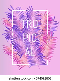 Tropical summer typographical background with palm leaves pink color (invert color) perfect for t-shirt, summer poster or leafet. Vector illustration