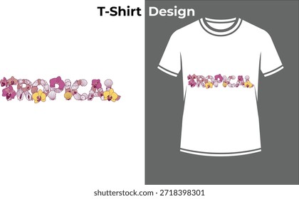 Tropical summer typography t-shirt vector illustration, exotic text design with hibiscus flowers for beach vacation, nature, and island vibes.