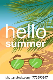 Tropical summer vacation background vector. Hello summer! Palm leaves on the beach with the ocean, sunset.