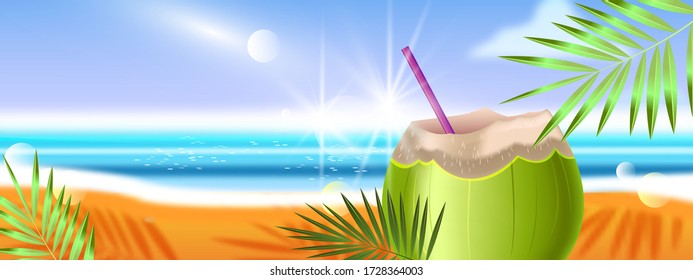 Tropical summer vacation banner with beach, green coconut, ocean, palm leaves. Horizontal coastline view with exotic fresh cocktail and straw. Paradise background for advertisements, web pages