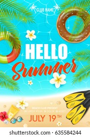 Tropical summer vacation beach club colorful invitation poster  with lifebuoy ring suncream and hibiscus flowers vector illustration 
