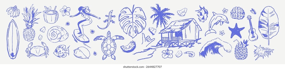 Tropical summer vacation chalk illustration set. Hand drawn charcoal vector elements of Hawaii island, palm tree, coconut, exotic fruits, woman with rough sketched texture. Blue doodle travel paradise