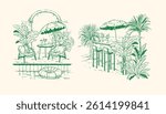 Tropical summer vacation doodle poster, vector hand drawn exotic travel print, relax hotel leisure. Hawaii sea shore bar, pool lounger illustration, sun umbrella. Vintage tropical summer postcard