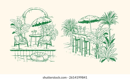 Tropical summer vacation doodle poster, vector hand drawn exotic travel print, relax hotel leisure. Hawaii sea shore bar, pool lounger illustration, sun umbrella. Vintage tropical summer postcard