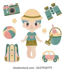 Tropical summer vacation kid with accessories.