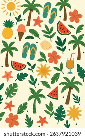 Tropical Summer Vacation Pattern with Palm Trees, Beach Elements, Fruits, and Sunshine – Ideal for Holiday Backgrounds, Textiles, and Digital Designs.