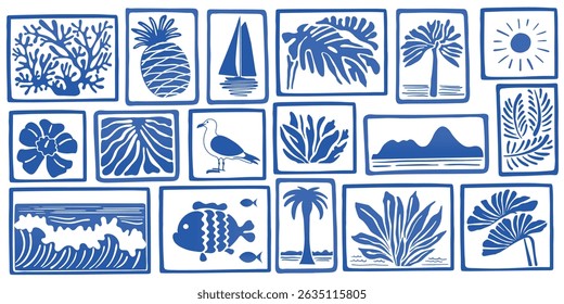 Tropical summer vacation seamless handmade drawing pattern with palms, sun, yacht, seagull and sea waves. Traditional patchwork style background illustration. Trendy textile print, fine art texture.