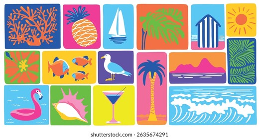 Tropical summer vacation seamless handmade drawing pattern with palms, sun, yacht, seagull, fishes, island and sea waves. Traditional patchwork style background illustration. Trendy textile print.