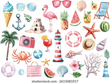 Tropical Summer vacation watercolor element collection. Flowers, leaves, flamingo, cocktails, ice lollies, pineapples 
