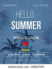 Tropical Summer vector background. Hello Summer Beach Party Flyer. Vector background. With Typography