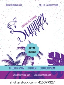 Tropical Summer vector background. Hello Summer Beach Party Flyer. Vector background. Hand lettering typography poster. 