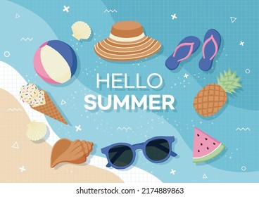 Tropical summer vector banner. Illustration of sunglasses, pineapple, ice cream, beach ball, flip flops, watermelon, shellfish, hat.