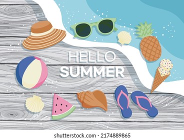 Tropical summer vector banner. Illustration of sunglasses, pineapple, ice cream, beach ball, flip flops, watermelon, shellfish, hat.