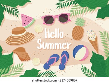 Tropical summer vector banner. Illustration of sunglasses, pineapple, ice cream, beach ball, flip flops, watermelon, shellfish, hat.