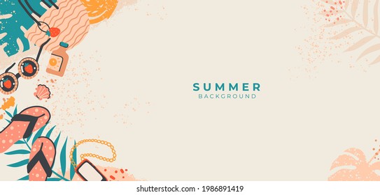 Tropical Summer Vector Banner.Doodle Beach Accessories On Sandy.Vacation Concept With Sunglasses, Palm Leaves, Bag.Top View.Border Frame Design With Copy Space On Beige Background For Media,cover,post