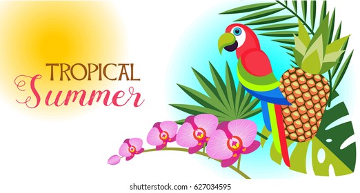 The tropical summer. Vector composition. Bright tropical parrot among palm leaves and orchids.