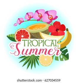 Tropical summer, vector composition. Melon, Orchid, grapefruit, banana, orange, hibiscus flower, palm leaves.