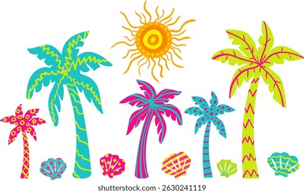 tropical summer vector elements with abstract palm trees, colorful shells, and decorative sun – bold vibrant design for beach vibes, web, kids travel themes