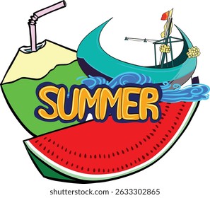 Tropical summer vector featuring coconut, watermelon, sea waves, traditional boat and summer typography. Ideal for summer themes, vacation ads, and tropical graphics. Colorful Summer Vector
