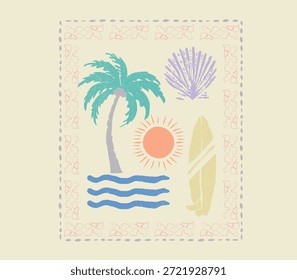 Gráficos tropicales del Vector del verano. palmera, puesta del sol, concha de mar, olas, tabla de surf, con las ilustraciones del marco de la flor. Elementos de playa mínimos. perfectos para la camiseta, el sudor, la camisa, para las mujeres, la muchacha