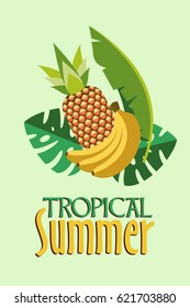 Tropical summer vector illustration with exotic plants. Tropical leaves and juicy pineapple and bananas.