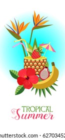 Tropical summer! Vector illustration. Tropical flowers, fruit and cocktail in a pineapple.