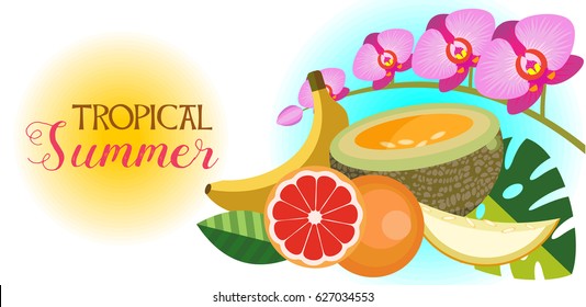 The tropical summer. Vector illustration. Tropical flowers and fruits.