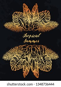 Tropical summer. Vector illustration, tropical leaves, cacti,Handmade, tattoo, print on t-shirt, chalkboard background