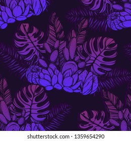 Tropical summer. Vector illustration, tropical leaves, cacti,Handmade, seamless pattern, dark background