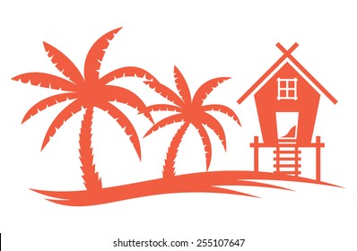 Tropical Summer Vector Illustration - Palm Tree And  Beach House