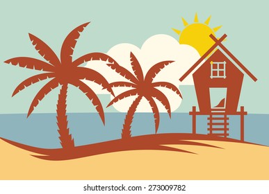 Tropical summer vector illustration - Palm tree, sun and Beach House