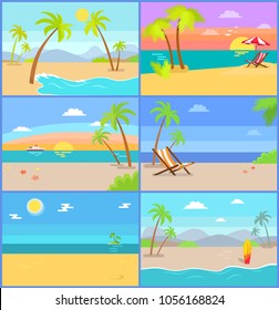 Tropical summer vector illustrations set with mountains, blue sky and palm trees, best place for work of freelancer, seascape ocean and sand, sunbeds