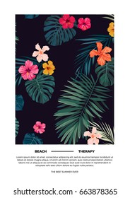 Tropical summer vector postcard design with bright hibiscus flowers and exotic palm leaves on dark background.