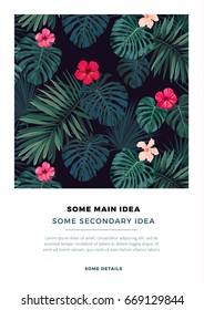 Tropical summer vector postcard design with bright hibiscus flowers and exotic palm leaves on dark background.