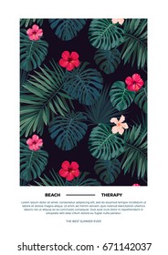 Tropical summer vector postcard design with bright hibiscus flowers and exotic palm leaves on dark background.