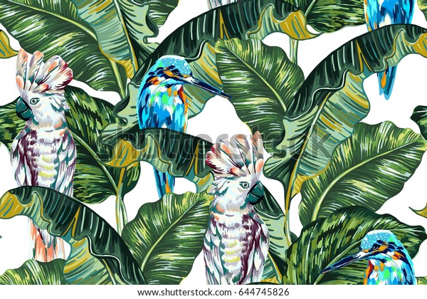 Tropical summer vector seamless floral pattern\
background with parrots, beautiful birds, palm trees, jungle\
leaves, banana leaf, green plants. Exotic wallpaper, cockatoo, blue\
kingfisher bird