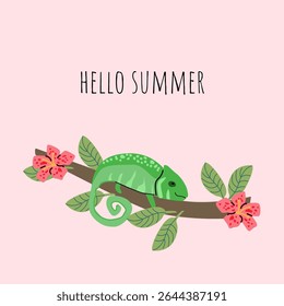 Tropical summer vibes with chameleon on branch illustration - perfect for seasonal design.