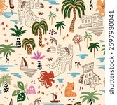 Tropical summer vibes with palm tree, sea island, sail boat, coastal urban sketching, ocean, hibiscus flower. Cute hand-drawn vector seamless pattern, background, fabric, textile, wallpaper, print.
