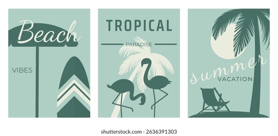 Tropical summer vibes posters set, monochrome retro style design